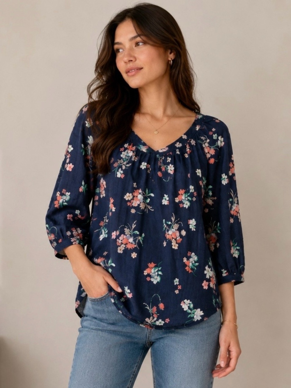 St. John's Bay Navy Floral V-Neck Peasant Blouse